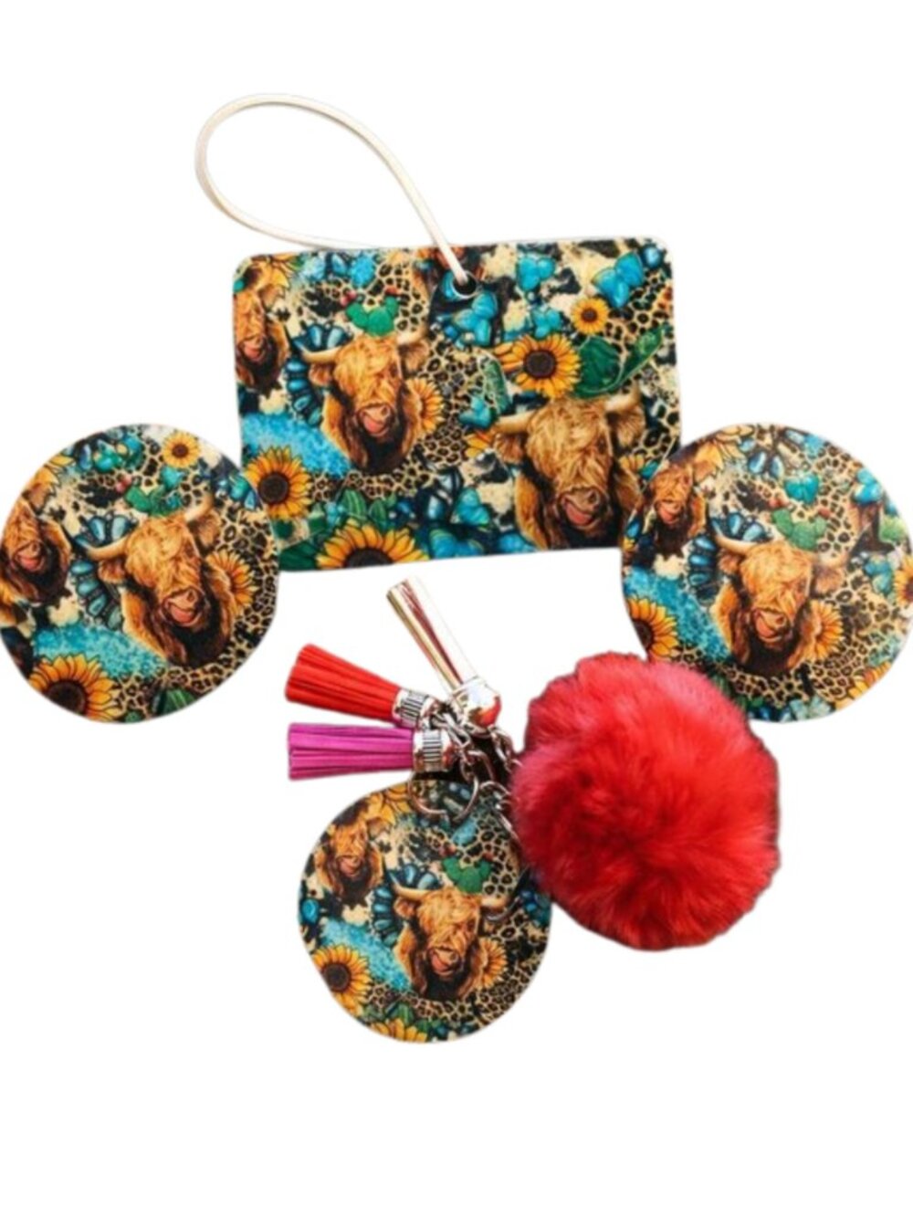 Highland Cow Sunflower Western Car Air Freshener Car Coaster Keychain Bundle Set